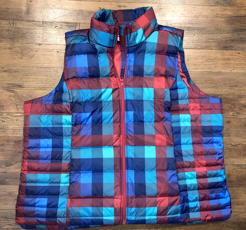 Lands End Down Puffer Vest 2X Red Plaid Tartan 20W-22W Womens Snap Pockets