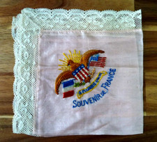 Beautiful Embroidered Silk & Lace Handkerchief Hankie Souvenir From France WW1 2