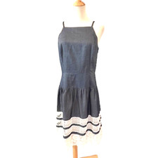 Ann Taylor Blue Sleeveless Fit Flare Chambray Lace Hem Knee Length Dress 6