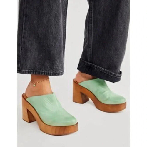 New Free People Suki Platform Clogs Wood Leather Heeled in Coral Green Sz 7.5 - Picture 10 of 11