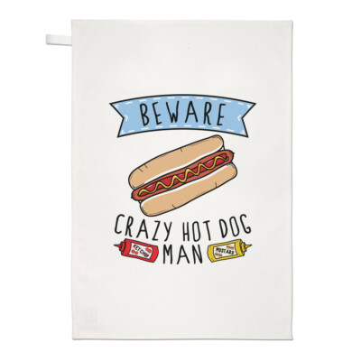 Vorsicht Crazy Hot Dog Mann Geschirrtuch Geschirrtuch Fast Food lustiger Witz Chili