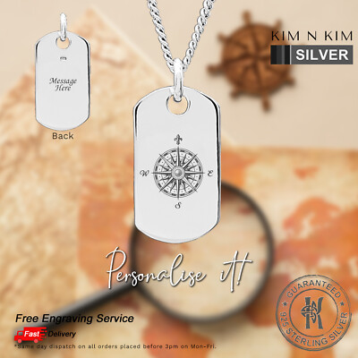 Personalisierte Kompass Rose Hundeetikett Halskette, Nordstern, Globetrotter 925 silber