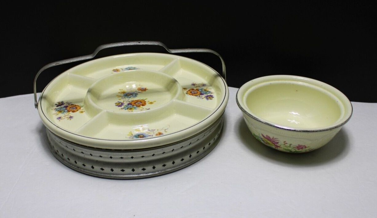 Vintage Royal Oven Serve Serving Plate and Bowl- Metal Holder with Handle 10.5"