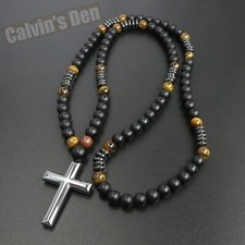 Collar Colgante Cruz Hematita Negra Ojo de Tigre Obsidiana Negra Hombre Mujer Regalo