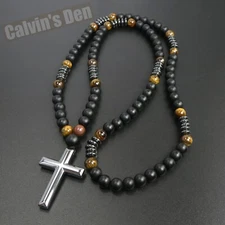 Black Obsidian Tiger Eye Black Hematite Cross Pendant Necklace Men Women Gift