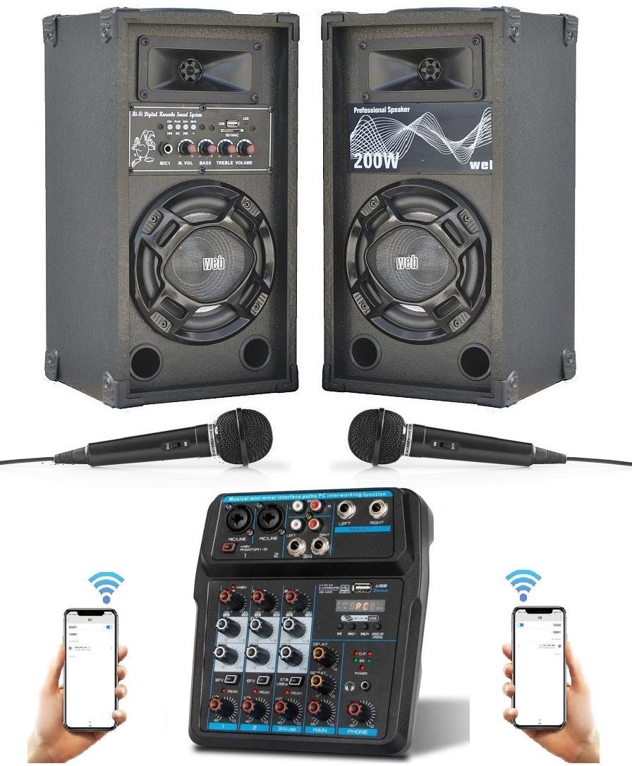 IMPIANTO AUDIO COMPLETO KARAOKE 200W CASSE AMPLIFICATE + MIXER + 2