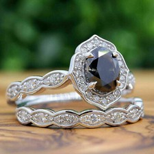 Bridal Set 3.00 Ct Black Onyx  White Round Cut CZ Solid 925 Silver Ring Set