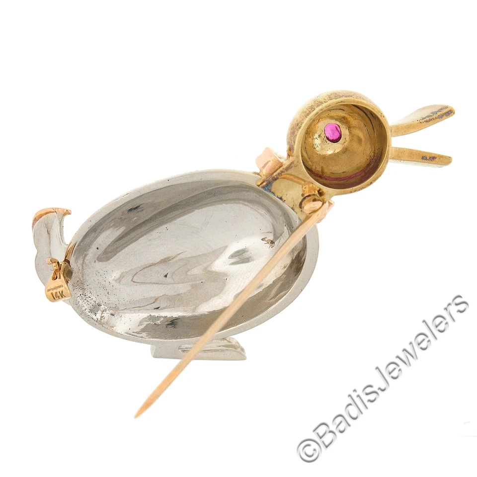 Retro Solid 14K Tri Gold 3D Duck Bird Pin Brooch w/ 0.20ctw Round Brilliant Ruby - Image 4 of 4