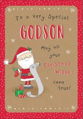 PICCADILLY GREETINGS Godson Christmas card, Fun santa card lightly glittered 7 X 5"