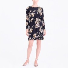 J Crew Women Black Floral Print Dress Size 2 Tulips Hem Long Sleeve Knee Length