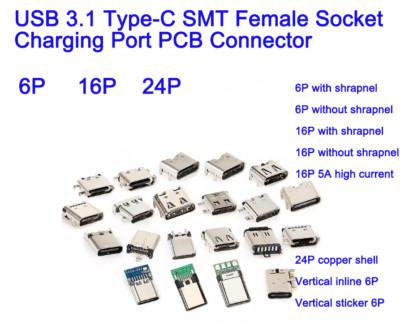 USB 3.1 Type-C SMT Female Socket Charging Port PCB Connector 6Pin 16Pin 24Pin