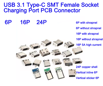 #ad #ad USB 3.1 Type C SMT Female Socket Charging Port PCB Connector 6Pin 16Pin 24Pin $115.55