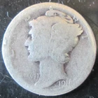 1918-S MERCURY DIME, 90% SILVER, AG CONDITION HEAVY WEAR, CIRCULATED NOT CLEANED