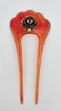 Vintage Art Deco Celluloid Hair Fork Comb Orange Red Faux Tortoise Metal Rose 4"
