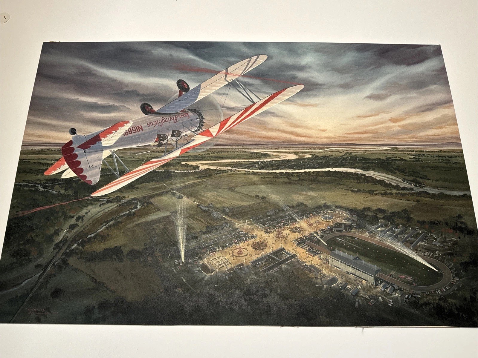 AVIATION PAINTING LANDSCAPE CIRCUS CARNIVAL VIEW EVENT SUNSET FRANK LOUDIN LARGE