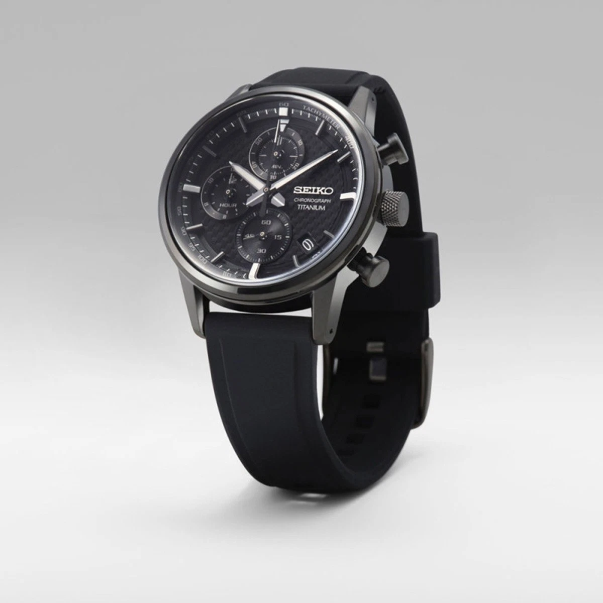 Seiko Herrenuhr Sport Titan Chronograph Silberfarben/Schwarz mit Silikonband 41