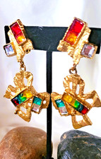 Vintage Christian Lacroix Gold Plated Clip Earrings: Poured Glass Butterfly, COA