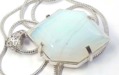 102 CT Natural White Opal Hexagon Shape 925 Solid Silver Pendant IGL Loose 6YHU