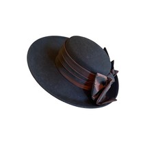 Vintage Wool Felt Wide Brim Hat Black Brown Satin Bow Dress Hat Made in USA