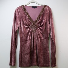 Boho Embroidered Deep V Babydoll Tunic Top Purple Beaded Velvet Velour Sz Lg