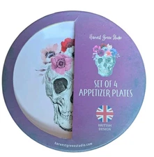 Harvest Green Studio - NEW Floral Skull Appetizer Plates Set of 4 Pastel Pink