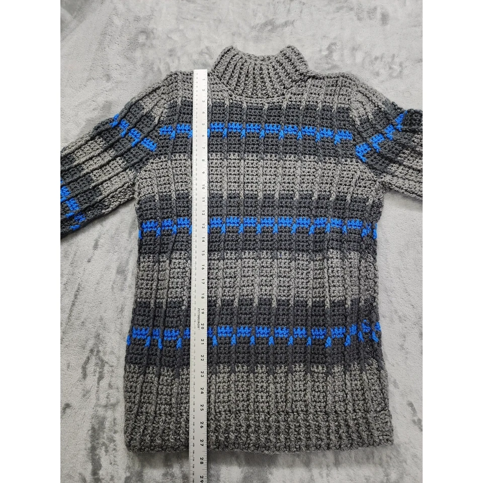 Vintage Hand Made Striped Mock Neck Pullover Sweater Size M Gray Blue Stretch - Image 4 of 4