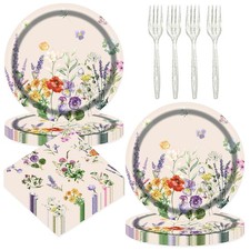 75pcs Floral Disposable Tableware Set, Spring Floral Paper Party Plates Napki...