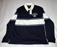 Coach Men's Navy/White/Blue Striped Polo Shirt L Long Sleeve Collared Logo