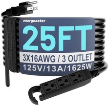 Energeaster 16/3 25 Ft 3 Outlet Extension Cord Outdoor Waterproof, Black Extensi