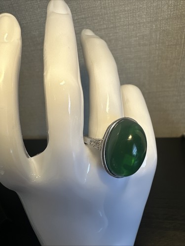 925 Sterling Silver Ring Green Gemstone Clear Stones