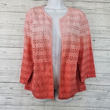 Chicos Womens Eyelet Jacket Sz Large Pink Ombre 3/4 Sleeve Open Front Cotton
