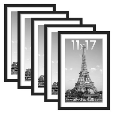 Set of 5 Black 11x17 Picture Frames, Display 9x15 with Mat or 11x17 Without, Wal