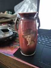 ANTIQUE HAND PAINTED POTTERY PORTRAIT VASE WOMAN MADE IN CZECH TWO HANDLED 5.5”H