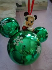 Disney Christmas Ornament Mickey Mouse Head Ears Santa Outfit on Green Ball