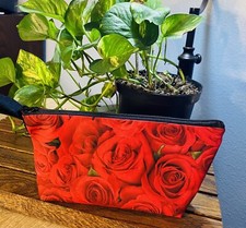 Handmade MakeUp Bag. Beautiful Rose Pattern. Zippered, Lined. Cosmetic, Travel.
