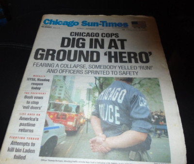 CHICAGO SUN TIMES SEPTEMBER 17, 2001 NEWSPAPER ''DIG IN AT GROUND ZERO''