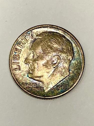 1963 Amazing Rainbow Toning Roosevelt Silver Dime Uncirculated BU Coin