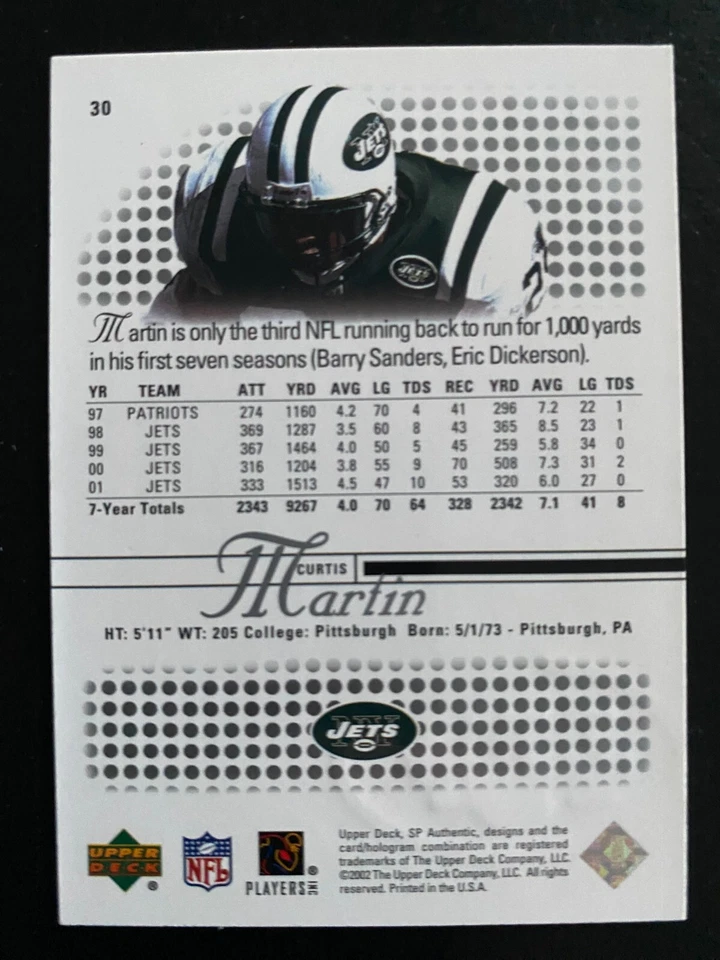Curtis MARTIN 2002 SP Authentic Upper Deck #30 New York Jets - Image 2 of 2