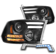 For 10-18 Dodge Ram 1500 2500 3500 Led Bar Black Projector Headlight Wblue Drl