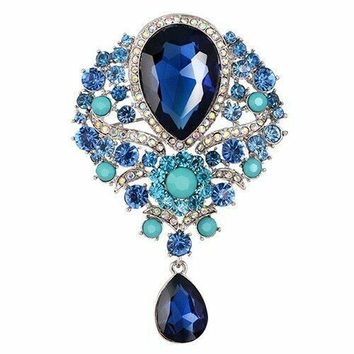 New Vintage Inspired Blue Rainbow Crystal Large Fashion Statement Brooch