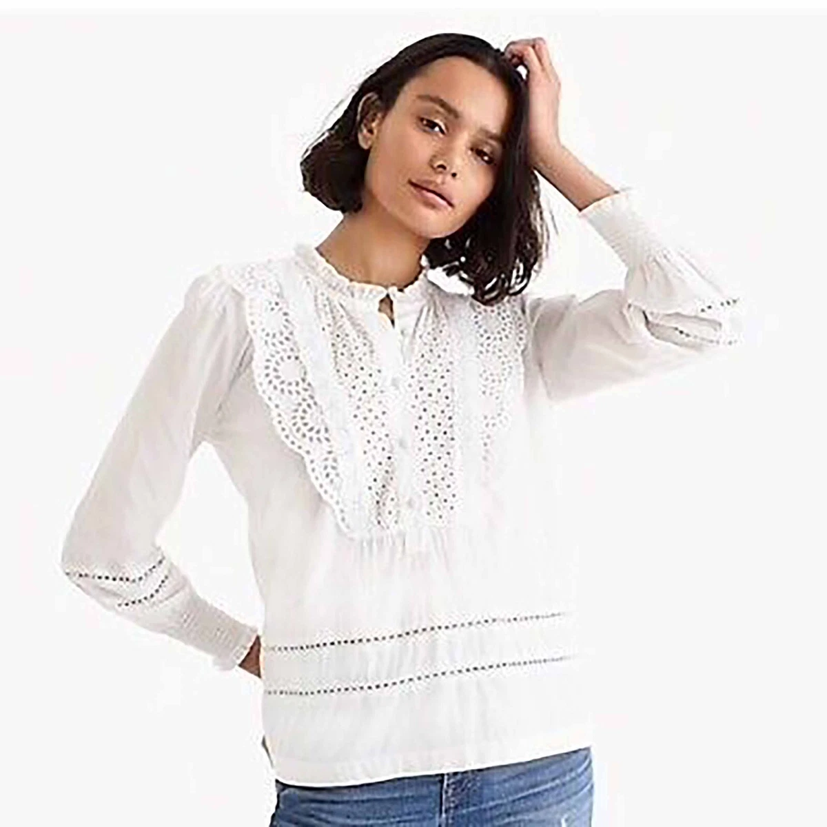 J CREW 10 Top White Ruffle Neck Eyelet Prairie Cotton Long Sleeve