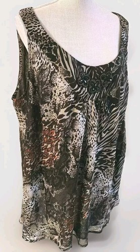 3X NUE OPTIONS PLUS ANIMAL PRINT BEADED APPLIQUE CHIFFON FULLY LINED TUNIC TOP