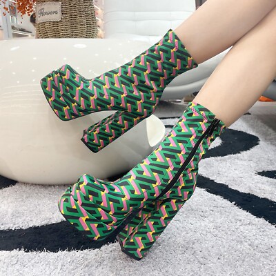 Women's Mid Calf Square Toe Zip Up Double Platform Dress Boots 5.7 inch Heel