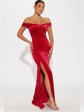 Fashion Nova Red Velvet Off-Shoulder Maxi Dress High Slit NWT XS S