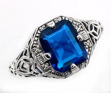 3CT Treated Blue Sapphire 925 Sterling Silver Art Deco Style Ring Sz 6 FB9-5