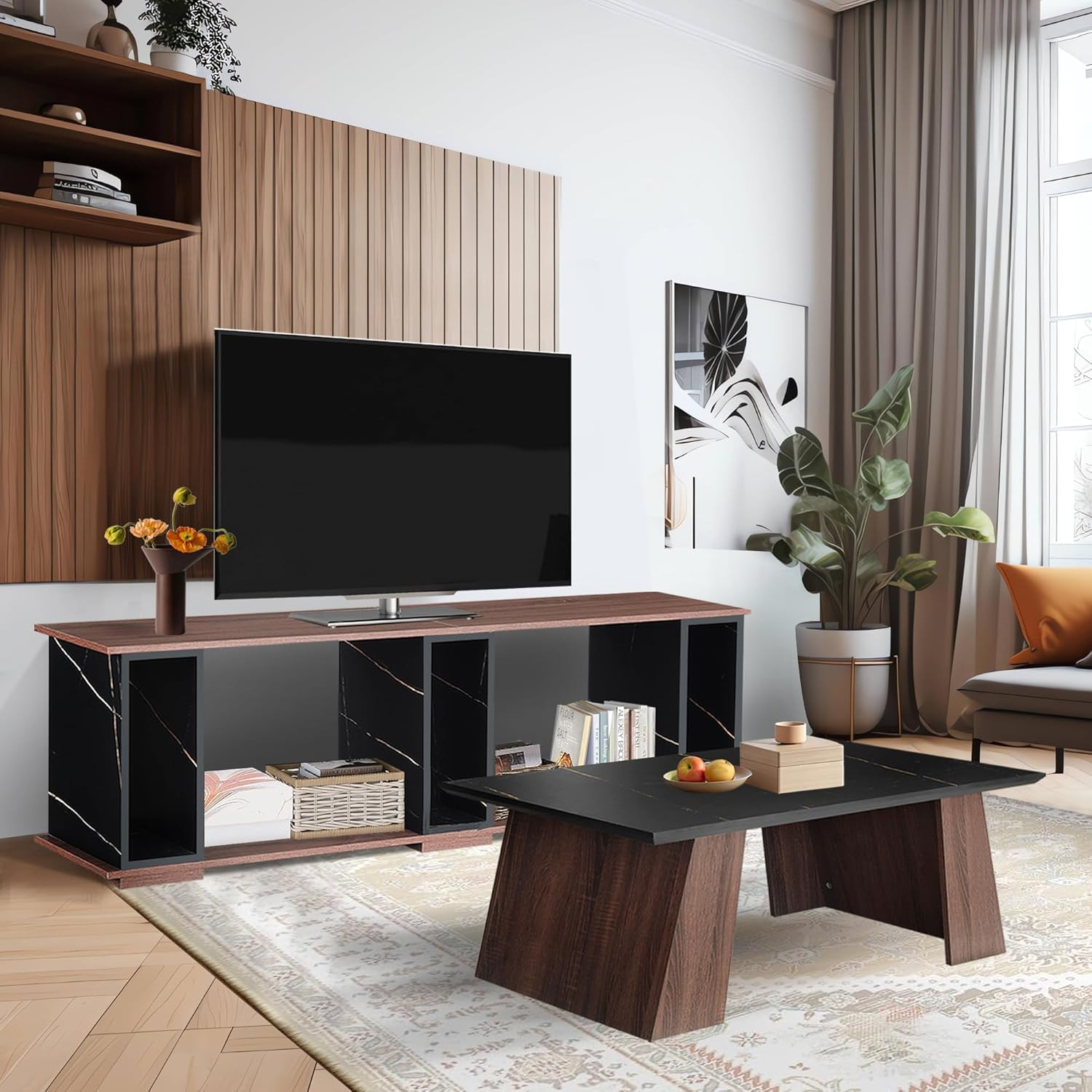Chic 2-Piece Living Room Set - Faux Marble Coffee Table & Walnut TV Stand