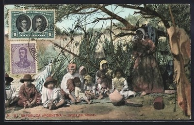 Argentinien, Indios del Chaco, Indio-Familie unter einem Baum, Ansichtskarte 
