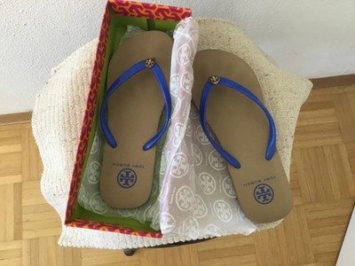 TORY BURCH Flip Flop neon blue striped thin, Gr. 9, guter Zustand, + Karton