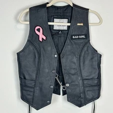 Leather Black Motorcycle Vest Skull Patches Pins Breast Cancer S
