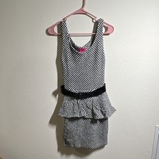Vintage Betsey Johnson Women's Black White Check Peplum Scoop Neck Mini Size S